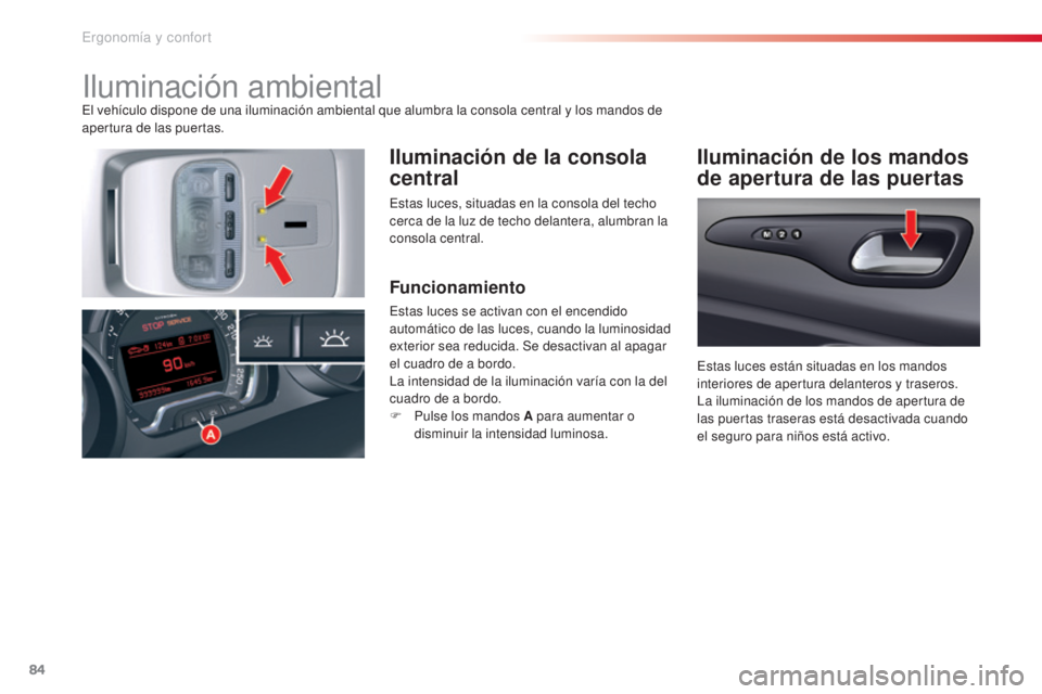 CITROEN C5 2015 Manuales de Empleo (in Spanish) 84
c5_es_c hap03_ergo-et-confort_ed01-2014
iluminación ambientalel vehÃculo dispone de una iluminación ambiental que alumbra la consola central y los mandos de
apertura de las puertas.
Iluminació CITROEN C5 2015 Manuales de Empleo (in Spanish) 84
c5_es_c hap03_ergo-et-confort_ed01-2014
iluminación ambientalel vehÃculo dispone de una iluminación ambiental que alumbra la consola central y los mandos de
apertura de las puertas.
Iluminació