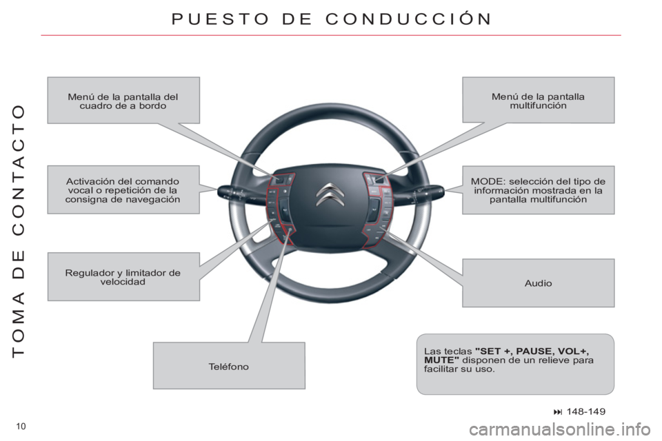 CITROEN C5 2014  Manuales de Empleo (in Spanish) 10 
TOMA DE CONTACTO
  PUESTO DE CONDUCCIÓN 
 
Audio    Menú de la pantalla del 
cuadro de a bordo   Menú de la pantalla 
multifunción 
  Teléfono    Regulador y limitador de 
velocidad 
   
Las 