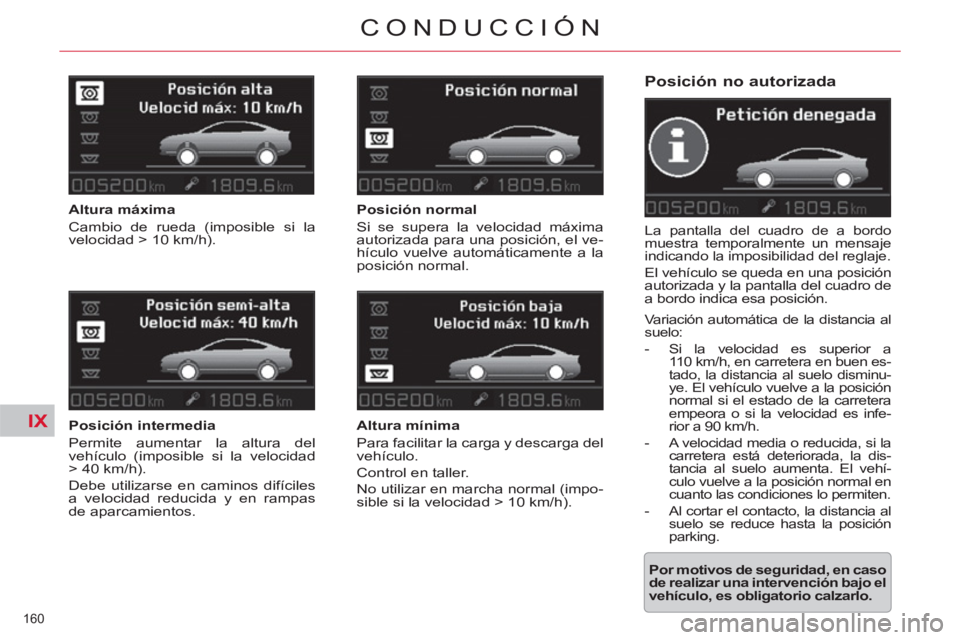 CITROEN C5 2014 Manuales de Empleo (in Spanish) IX
160
CONDUCCIÓN
Posición no autorizada
La pantalla del cuadro de a bordo
muestra temporalmente un mensaje
indicando la imposibilidad del reglaje.
El vehículo se queda en una posició CITROEN C5 2014 Manuales de Empleo (in Spanish) IX
160
CONDUCCIÓN
Posición no autorizada
La pantalla del cuadro de a bordo
muestra temporalmente un mensaje
indicando la imposibilidad del reglaje.
El vehículo se queda en una posició