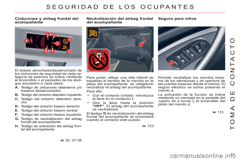 CITROEN C5 2014  Manuales de Empleo (in Spanish) 17 
TOMA DE CONTACTO
SEGURIDAD DE LOS OCUPANTES
   
Neutralización del airbag frontal 
del acompañante    
Seguro para niños   
 
Cinturones y airbag frontal del 
acompañante 
  El estado abrochad