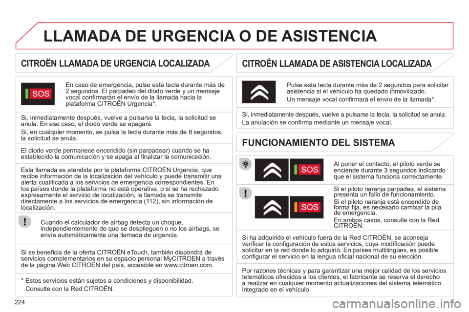 CITROEN C5 2014 Manuales de Empleo (in Spanish) 224
LLAMADA DE URGENCIA O DE ASISTENCIA
CITROËN LLAMADA DE URGENCIA LOCALIZADA
En caso de emergencia, pulse esta tecla durante más de2 segundos. El parpadeo del diodo verde y un CITROEN C5 2014 Manuales de Empleo (in Spanish) 224
LLAMADA DE URGENCIA O DE ASISTENCIA
CITROËN LLAMADA DE URGENCIA LOCALIZADA
En caso de emergencia, pulse esta tecla durante más de2 segundos. El parpadeo del diodo verde y un