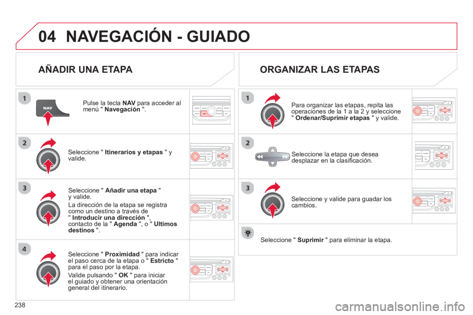 CITROEN C5 2014  Manuales de Empleo (in Spanish) 238
04NAVEGACIÓN - GUIADO
   
AÑADIR UNA ETAPA 
 
 
Pulse la tecla NAVpara acceder al menú " Navegación".
Seleccione "  Itinerarios y etapas 
 " yvalide.
Seleccione "  Proximidad 
 " para indicar 