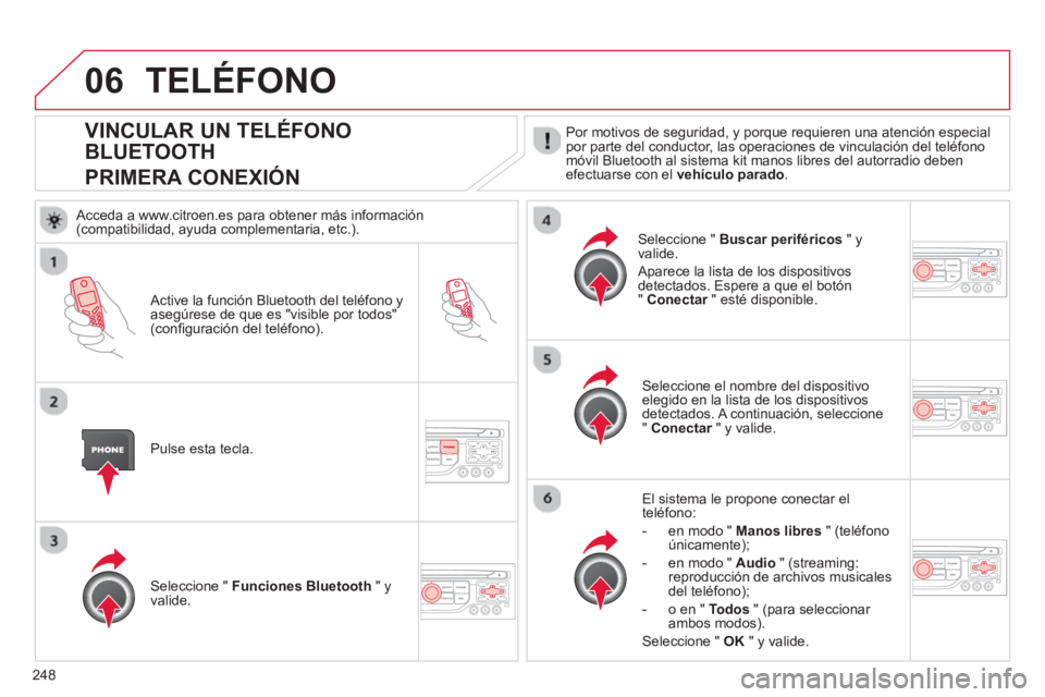 CITROEN C5 2014  Manuales de Empleo (in Spanish) 248
06
VINCULAR UN TELÉFONO 
BLUETOOTH  
PRIMERA CONEXIÓN   Por motivos de seguridad, y porque requieren una atención especialpor parte del conductor, las operaciones de vinculación del teléfonom