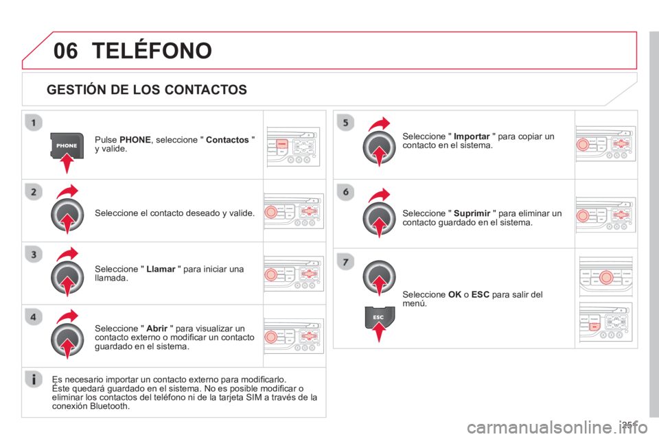 CITROEN C5 2014  Manuales de Empleo (in Spanish) 251
06
   
GESTIÓN DE LOS CONTACTOS
Pulse PHONE 
, seleccione "  Contactos 
 " y valide.
Seleccione el contacto deseado 
y valide.
Seleccione "  Importar   " para copiar unrcontacto en el sistema.  
