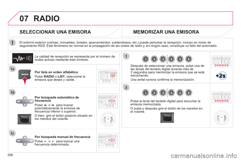 CITROEN C5 2014  Manuales de Empleo (in Spanish) 258
07RADIO 
Por lista en orden alfabético 
P
ulse RADIO 
 o  LIST 
, seleccione laemisora que desee y valide.  
Por bús
queda automática de
frecuencia
Pulse �o  �  
para buscar automáticamente 