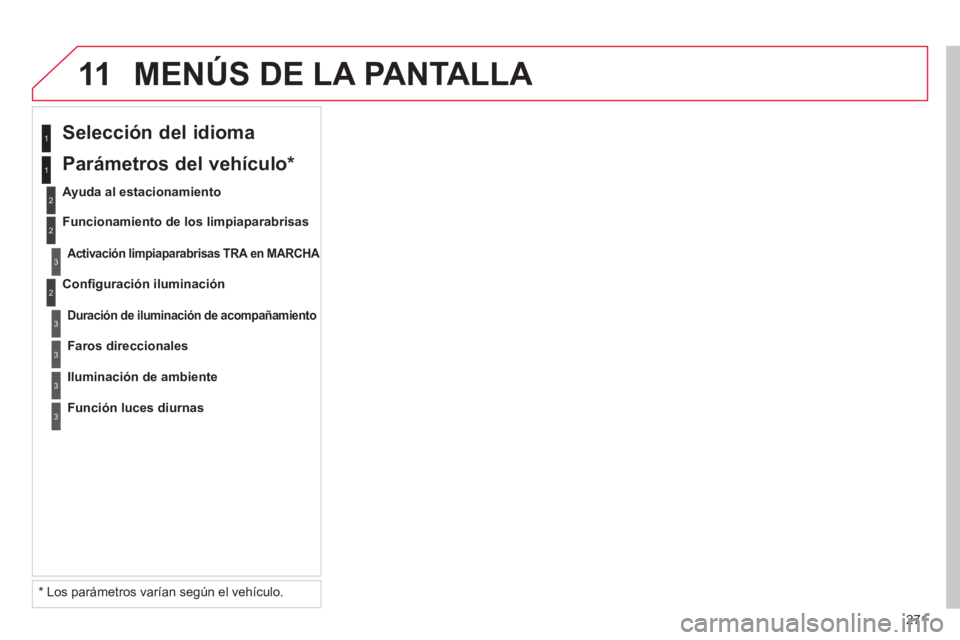 CITROEN C5 2014  Manuales de Empleo (in Spanish) 271
11MENÚS DE LA PANTALLA 
2
3
3
1
2   
Conﬁ guración iluminación
 
 
Selección del idioma  
 
 
Ayuda al estacionamiento
Activación limpiaparabrisas TRAAen MARCHAA
Duración de iluminación d