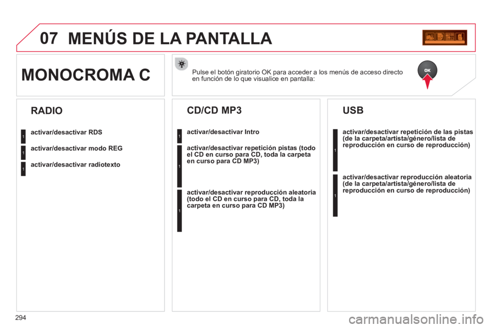 CITROEN C5 2014  Manuales de Empleo (in Spanish) 294
07MENÚS DE LA PANTALLA 
Pulse el botón giratorio OK para acceder a los menús de acceso directo en función de lo que visualice en pantalla:MONOCROMA C 
activar/desactivar RDS
activar/desactivar