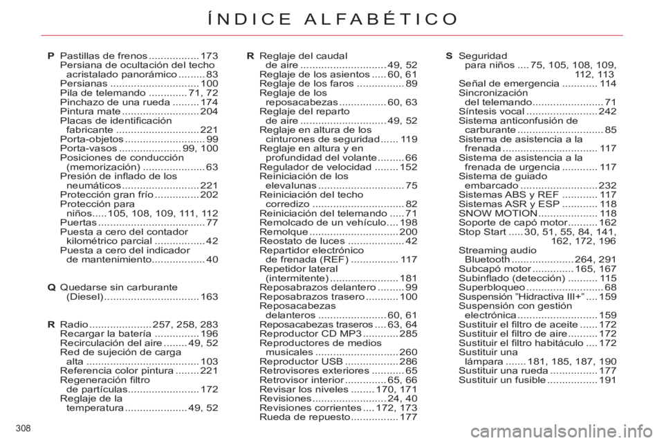 CITROEN C5 2014  Manuales de Empleo (in Spanish) 308 
ÍNDICE ALFABÉTICO
P  Pastillas de frenos ................. 173
  Persiana de ocultación del techo 
acristalado panorámico ......... 83
 Persianas .............................. 100
  Pila de 