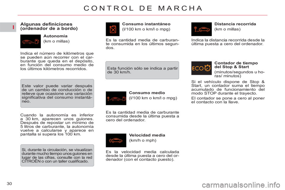 CITROEN C5 2014  Manuales de Empleo (in Spanish) I
30
CONTROL DE MARCHA
   
 
 
 
 
 
Algunas definiciones 
(ordenador de a bordo) 
   
Autonomía 
  (km o millas)    
Consumo instantáneo 
  (l/100 km o km/l o mpg) 
   
Consumo medio 
  (l/100 km o