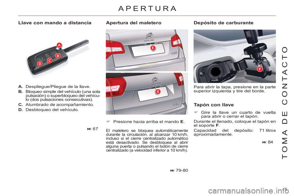 CITROEN C5 2014  Manuales de Empleo (in Spanish) 5 
TOMA DE CONTACTO
   
 
A. 
  Despliegue/Pliegue de la llave. 
   
B. 
  Bloqueo simple del vehículo (una sola 
pulsación) o superbloqueo del vehícu-
lo (dos pulsaciones consecutivas). 
   
C. 
 