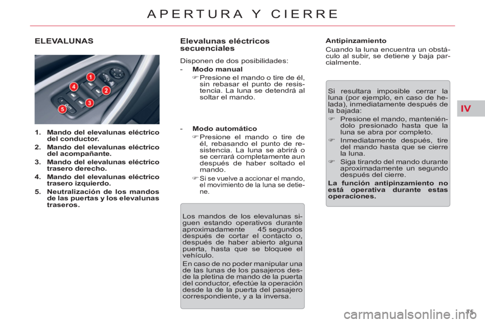 CITROEN C5 2014  Manuales de Empleo (in Spanish) IV
75 
APERTURA Y CIERRE
ELEVALUNAS
   
 
1. 
  Mando del elevalunas eléctrico 
del conductor.   
   
2. 
  Mando del elevalunas eléctrico 
del acompañante.   
   
3. 
  Mando del elevalunas eléct