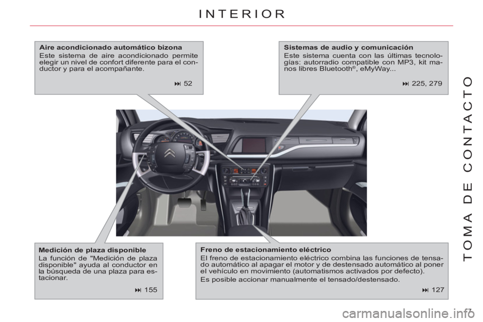 CITROEN C5 2014  Manuales de Empleo (in Spanish) 7 
TOMA DE CONTACTO
   
 
� 
 127  
 
INTERIOR 
 
 
Freno de estacionamiento eléctrico 
 
  El freno de estacionamiento eléctrico combina las funciones de tensa-
do automático al apagar el motor y