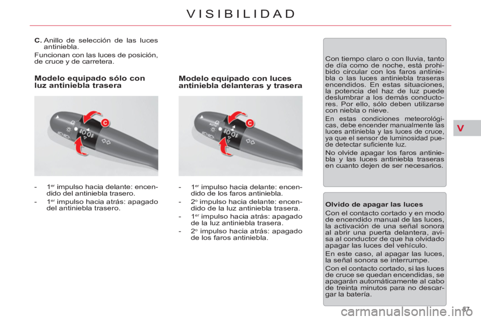 CITROEN C5 2014 Manuales de Empleo (in Spanish) V
87
VISIBILIDAD
C.
Anillo de selección de las luces
antiniebla.
Funcionan con las luces de posición,
de cruce y de carretera.
- 1
er
impulso hacia delante: e CITROEN C5 2014 Manuales de Empleo (in Spanish) V
87
VISIBILIDAD
C.
Anillo de selección de las luces
antiniebla.
Funcionan con las luces de posición,
de cruce y de carretera.
- 1
er
impulso hacia delante: e