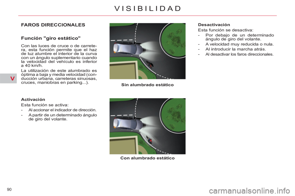 CITROEN C5 2014  Manuales de Empleo (in Spanish) V
90 
VISIBILIDAD
FAROS DIRECCIONALES 
   
Sin 
 
 alumbrado estático 
 
   
Con 
 
 alumbrado estático 
 
 
 
 
Función "giro estático" 
 
Con las luces de cruce o de carrete-
ra, esta función p