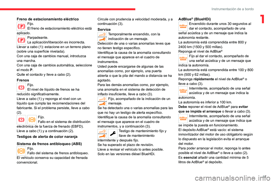 CITROEN C5 AIRCROSS 2022  Manuales de Empleo (in Spanish) 13
Instrumentación de a bordo
1Freno de estacionamiento eléctricoFijo.
El freno de estacionamiento eléctrico está 
aplicado.
Parpadeante.
La aplicación/liberación es incorrecta.
Llevar a cabo (1