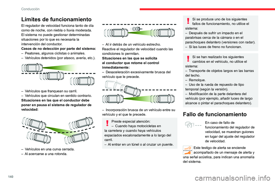 CITROEN C5 AIRCROSS 2022  Manuales de Empleo (in Spanish) 140
Conducción
Límites de funcionamiento
El regulador de velocidad funciona tanto de día 
como de noche, con niebla o lluvia moderada.
El sistema no puede gestionar determinadas 
situaciones por lo