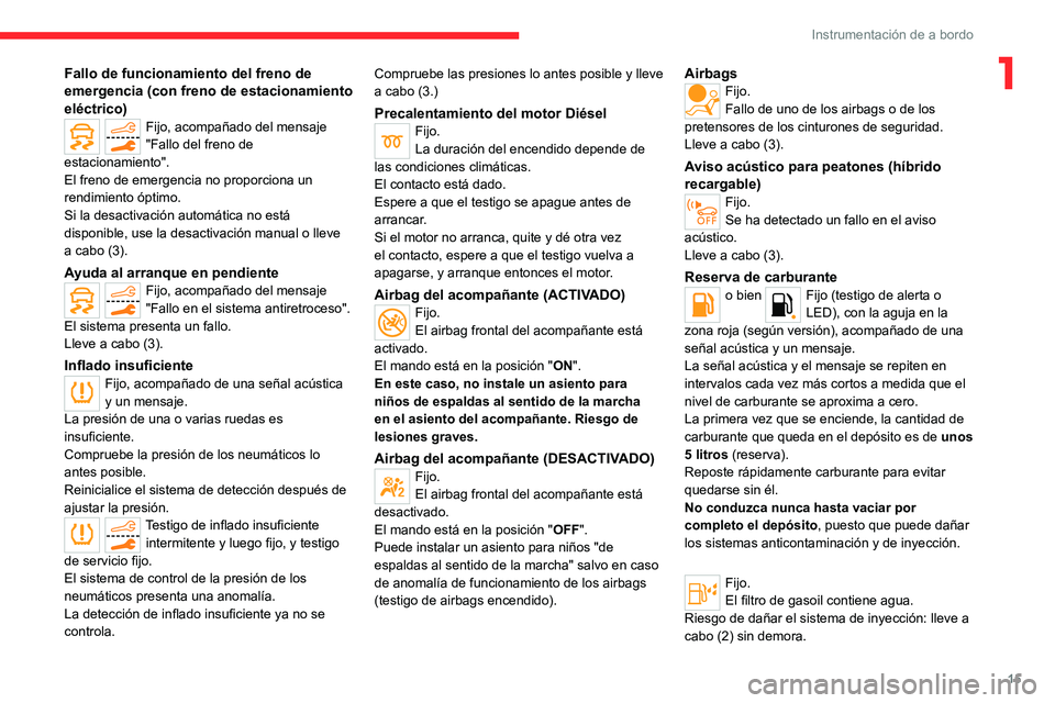 CITROEN C5 AIRCROSS 2022  Manuales de Empleo (in Spanish) 15
Instrumentación de a bordo
1Fallo de funcionamiento del freno de 
emergencia (con freno de estacionamiento 
eléctrico)
Fijo, acompañado del mensaje 
"Fallo del freno de 
estacionamiento"