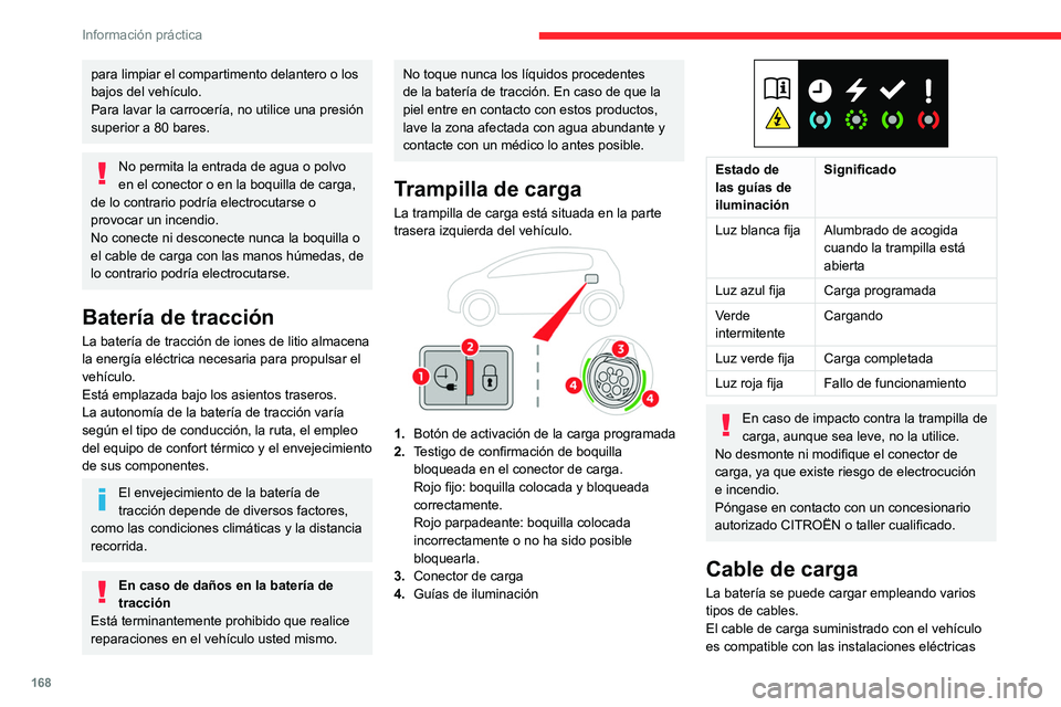 CITROEN C5 AIRCROSS 2022  Manuales de Empleo (in Spanish) 168
Información práctica
para limpiar el compartimento delantero o los 
bajos del vehículo.
Para lavar la carrocería, no utilice una presión 
superior a 80 bares.
No permita la entrada de agua o 