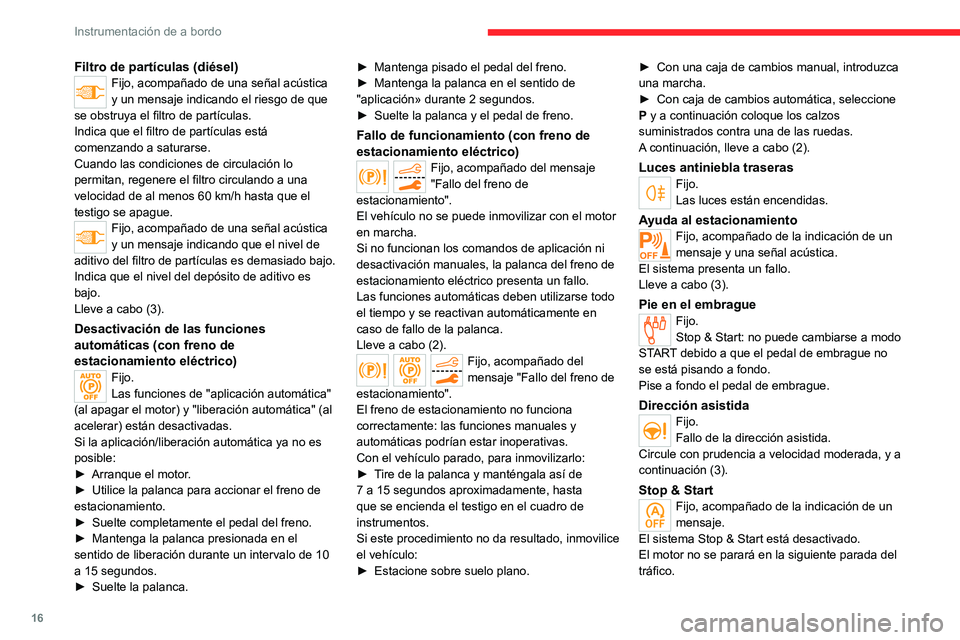 CITROEN C5 AIRCROSS 2022  Manuales de Empleo (in Spanish) 16
Instrumentación de a bordo
Filtro de partículas (diésel)Fijo, acompañado de una señal acústica 
y un mensaje indicando el riesgo de que 
se obstruya el filtro de partículas.
Indica que el fi