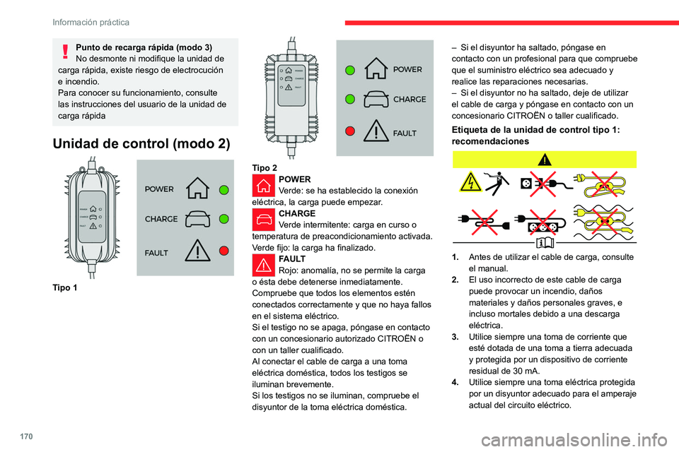 CITROEN C5 AIRCROSS 2022  Manuales de Empleo (in Spanish) 170
Información práctica
Punto de recarga rápida (modo 3)
No desmonte ni modifique la unidad de 
carga rápida, existe riesgo de electrocución 
e incendio.
Para conocer su funcionamiento, consulte