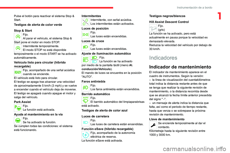 CITROEN C5 AIRCROSS 2022 Manuales de Empleo (in Spanish) 17
Instrumentación de a bordo
1Pulse el botón para reactivar el sistema Stop &
Start.
Testigos de alerta de color verde
Stop & Start
Fijo.
Al parar el vehículo, el sistema Stop &
Start pone el mo CITROEN C5 AIRCROSS 2022 Manuales de Empleo (in Spanish) 17
Instrumentación de a bordo
1Pulse el botón para reactivar el sistema Stop &
Start.
Testigos de alerta de color verde
Stop & Start
Fijo.
Al parar el vehículo, el sistema Stop &
Start pone el mo