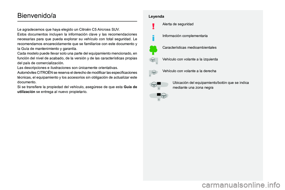 CITROEN C5 AIRCROSS 2022 Manuales de Empleo (in Spanish)
Bienvenido/a
Le agradecemos que haya elegido un Citro CITROEN C5 AIRCROSS 2022 Manuales de Empleo (in Spanish)
Bienvenido/a
Le agradecemos que haya elegido un Citro