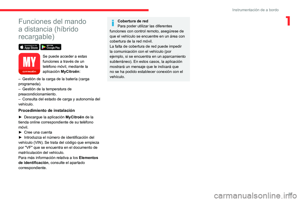 CITROEN C5 AIRCROSS 2022  Manuales de Empleo (in Spanish) 27
Instrumentación de a bordo
1Funciones del mando 
a distancia (híbrido 
recargable)
 
 
Se puede acceder a estas 
funciones a través de un 
teléfono móvil, mediante la 
aplicación MyCitroën:
