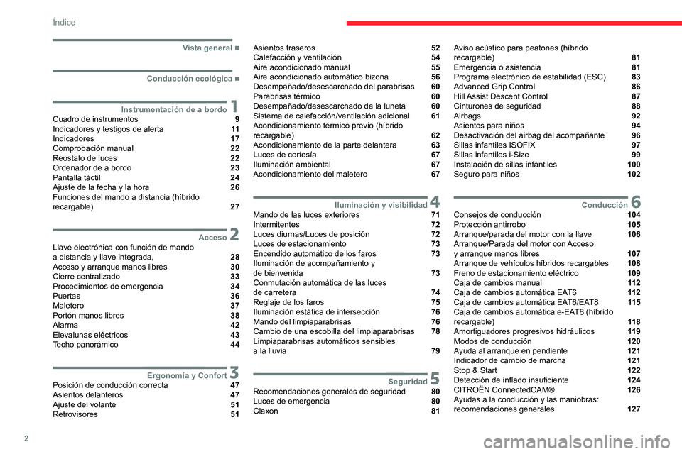 CITROEN C5 AIRCROSS 2022  Manuales de Empleo (in Spanish) 2
Índice
 
 
 
 
 
   ■
Vista general
  ■
Conducción ecológica
 1Instrumentación de a bordoCuadro de instrumentos  9
Indicadores y testigos de alerta  11
Indicadores  17
Comprobación manu