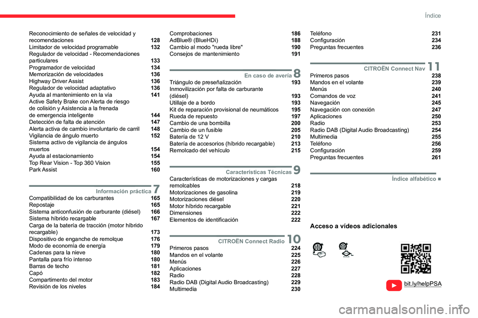 CITROEN C5 AIRCROSS 2022 Manuales de Empleo (in Spanish) 3
Índice
Reconocimiento de señales de velocidad y
recomendaciones 128
Limitador de velocidad programable 132
Regulador de velocidad - Recomendaciones
particulares
133
Programador CITROEN C5 AIRCROSS 2022 Manuales de Empleo (in Spanish) 3
Índice
Reconocimiento de señales de velocidad y
recomendaciones 128
Limitador de velocidad programable 132
Regulador de velocidad - Recomendaciones
particulares
133
Programador