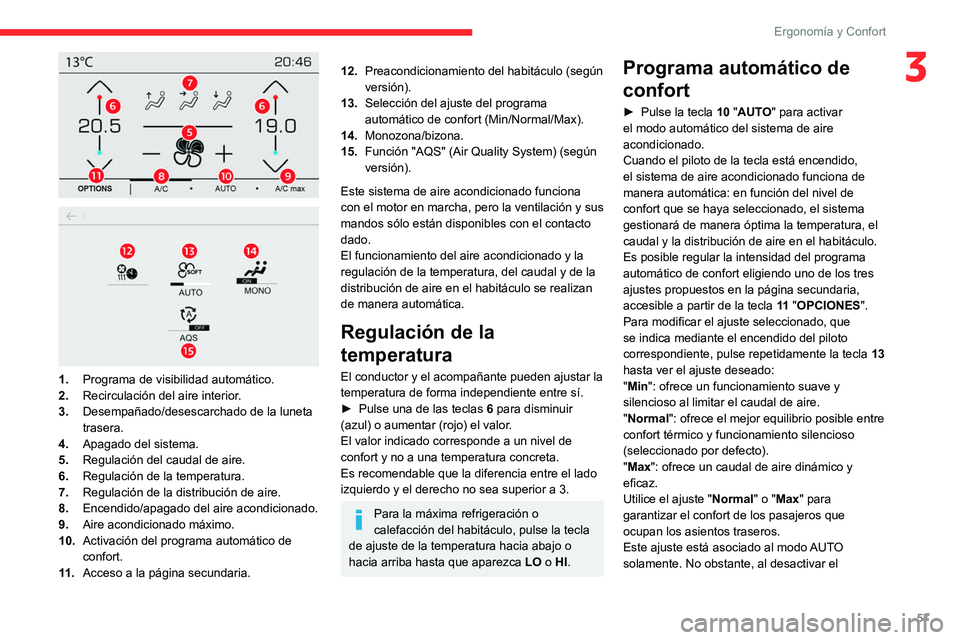 CITROEN C5 AIRCROSS 2022  Manuales de Empleo (in Spanish) 57
ErgonomÃa y Confort
3
 
 
 
1. Programa de visibilidad automático.
2. Recirculación del aire interior.
3. Desempañado/desescarchado de la luneta 
trasera.
4. Apagado del sistema.
5. Regulación CITROEN C5 AIRCROSS 2022  Manuales de Empleo (in Spanish) 57
ErgonomÃa y Confort
3
 
 
 
1. Programa de visibilidad automático.
2. Recirculación del aire interior.
3. Desempañado/desescarchado de la luneta 
trasera.
4. Apagado del sistema.
5. Regulación