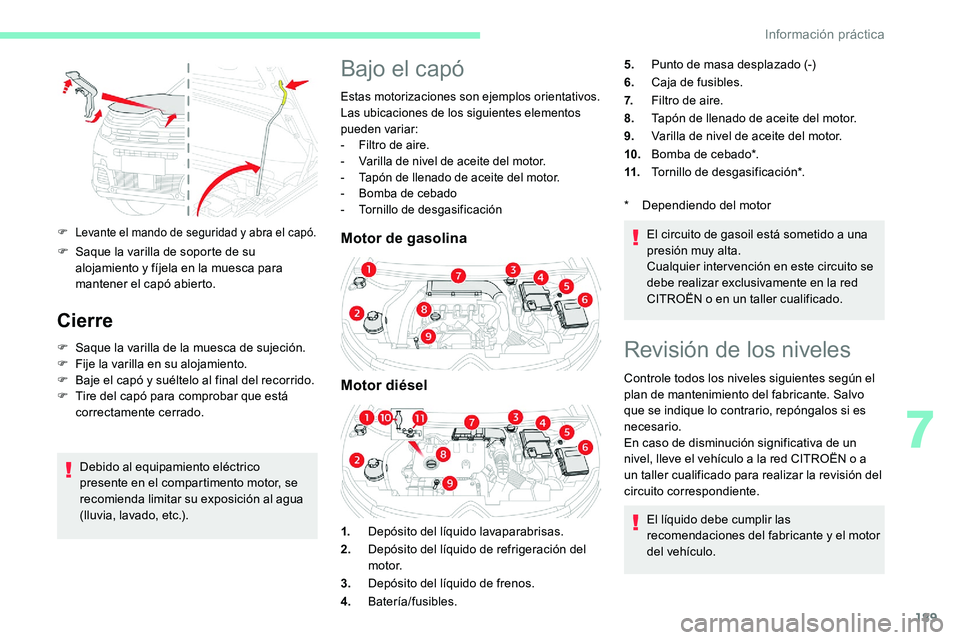 CITROEN C5 AIRCROSS 2020 Manuales de Empleo (in Spanish) 189
F Levante el mando de seguridad y abra el capó.
F Saque la varilla de soporte de su
alojamiento y fíjela en la muesca para
mantener el capó abierto.
Cierre
F Saque la varilla de la muesca CITROEN C5 AIRCROSS 2020 Manuales de Empleo (in Spanish) 189
F Levante el mando de seguridad y abra el capó.
F Saque la varilla de soporte de su
alojamiento y fíjela en la muesca para
mantener el capó abierto.
Cierre
F Saque la varilla de la muesca