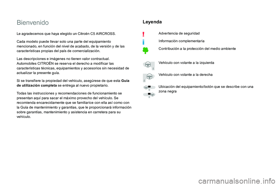 CITROEN C5 AIRCROSS 2020  Manuales de Empleo (in Spanish) 1
Bienvenido
Le agradecemos que haya elegido un Citroën C5 AIRCROSS.
C ada modelo puede llevar solo una parte del equipamiento 
mencionado, en función del nivel de acabado, de la versión y
  de las