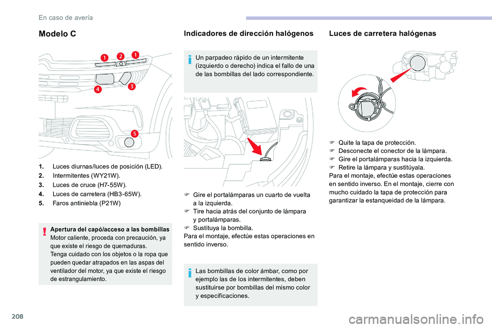 CITROEN C5 AIRCROSS 2020 Manuales de Empleo (in Spanish) 208
Modelo C
1.Luces diurnas/luces de posición (LED).
2. Intermitentes (W Y21W).
3. Luces de cruce (H7-55W).
4. Luces de carretera (HB3 - 65W).
5. Faros antiniebla (P21W)
Aper tura del capó/acceso a CITROEN C5 AIRCROSS 2020 Manuales de Empleo (in Spanish) 208
Modelo C
1.Luces diurnas/luces de posición (LED).
2. Intermitentes (W Y21W).
3. Luces de cruce (H7-55W).
4. Luces de carretera (HB3 - 65W).
5. Faros antiniebla (P21W)
Aper tura del capó/acceso a