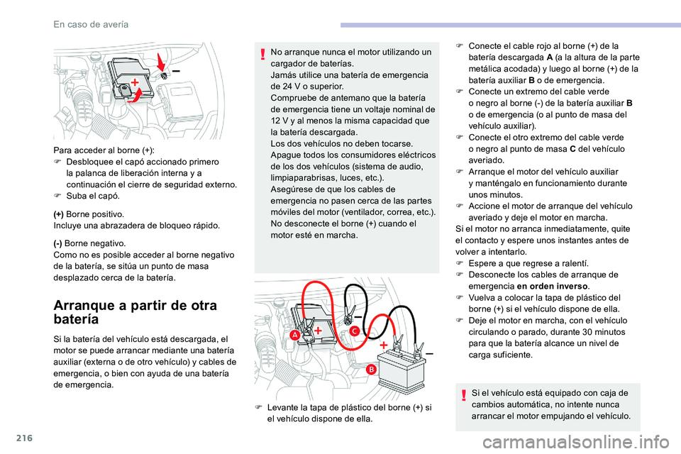 CITROEN C5 AIRCROSS 2020  Manuales de Empleo (in Spanish) 216
(+) Borne positivo.
Incluye una abrazadera de bloqueo rápido.
(-)  Borne negativo.
Como no es posible acceder al borne negativo 
de la batería, se sitúa un punto de masa 
desplazado cerca de la