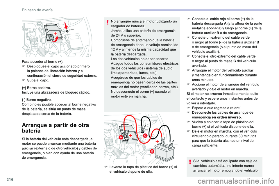 CITROEN C5 AIRCROSS 2020 Manuales de Empleo (in Spanish) 216
(+) Borne positivo.
Incluye una abrazadera de bloqueo rápido.
(-) Borne negativo.
Como no es posible acceder al borne negativo
de la batería, se sitúa un punto de masa
desplazado cerca de la CITROEN C5 AIRCROSS 2020 Manuales de Empleo (in Spanish) 216
(+) Borne positivo.
Incluye una abrazadera de bloqueo rápido.
(-) Borne negativo.
Como no es posible acceder al borne negativo
de la batería, se sitúa un punto de masa
desplazado cerca de la