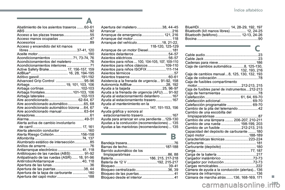 CITROEN C5 AIRCROSS 2020 Manuales de Empleo (in Spanish) 225
Abatimiento de los asientos traseros .......6 0 - 61
ABS ........ ......................................................... 92
Acceso a
las plazas traseras
.......................... 55
Ac
ce CITROEN C5 AIRCROSS 2020 Manuales de Empleo (in Spanish) 225
Abatimiento de los asientos traseros .......6 0 - 61
ABS ........ ......................................................... 92
Acceso a
las plazas traseras
.......................... 55
Ac
ce
