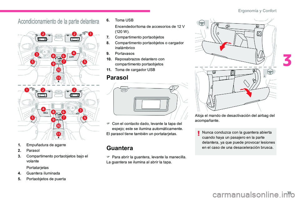 CITROEN C5 AIRCROSS 2020  Manuales de Empleo (in Spanish) 71
Acondicionamiento de la parte delantera6.To m a  U S B
Encendedor/toma de accesorios de 12
  V 
(12 0
 

W ).
7. Compartimento portaobjetos
8. Compartimento portaobjetos o
 

cargador 
inalámbrico