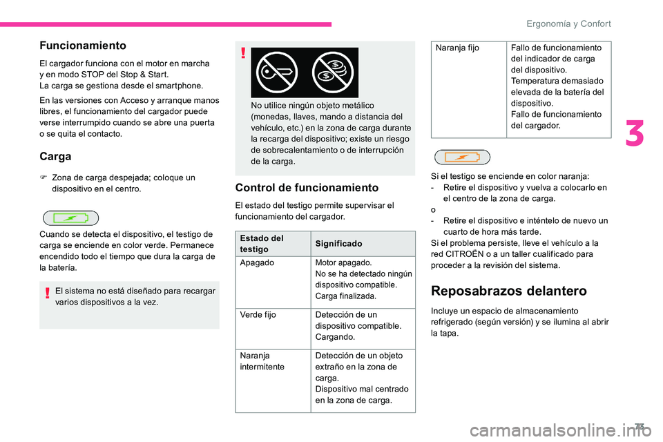 CITROEN C5 AIRCROSS 2020 Manuales de Empleo (in Spanish) 73
Funcionamiento
El cargador funciona con el motor en marcha
y en modo STOP del Stop & Start.
La carga se gestiona desde el smartphone.
En las versiones con Acceso y
arranque manos
libres, el fu CITROEN C5 AIRCROSS 2020 Manuales de Empleo (in Spanish) 73
Funcionamiento
El cargador funciona con el motor en marcha
y en modo STOP del Stop & Start.
La carga se gestiona desde el smartphone.
En las versiones con Acceso y
arranque manos
libres, el fu