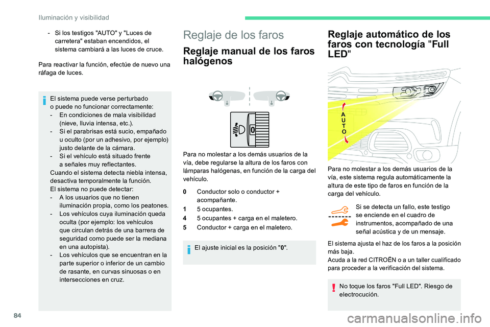 CITROEN C5 AIRCROSS 2020 Manuales de Empleo (in Spanish) 84
Reglaje automático de los
faros con tecnología "Full
LED "
Si se detecta un fallo, este testigo
se enciende en el cuadro de
instrumentos, acompañado de una
señal acústica y
de u CITROEN C5 AIRCROSS 2020 Manuales de Empleo (in Spanish) 84
Reglaje automático de los
faros con tecnología "Full
LED "
Si se detecta un fallo, este testigo
se enciende en el cuadro de
instrumentos, acompañado de una
señal acústica y
de u