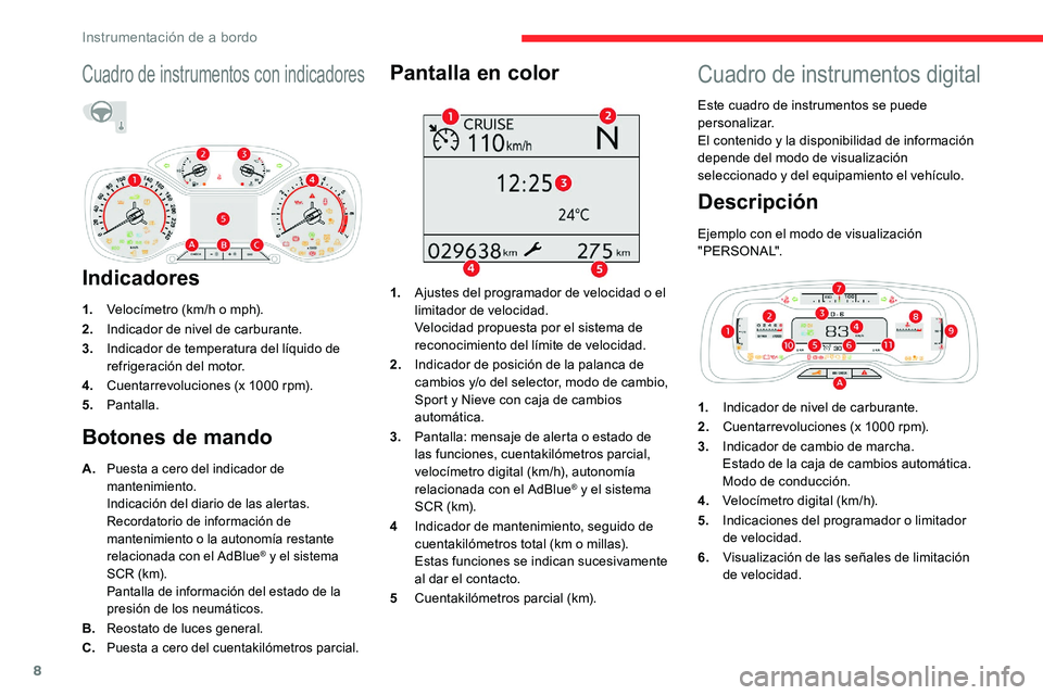 CITROEN C5 AIRCROSS 2020  Manuales de Empleo (in Spanish) 8
Cuadro de instrumentos con indicadores
Indicadores
1.Velocímetro (km/h o   mph).
2. Indicador de nivel de carburante.
3. Indicador de temperatura del líquido de 
refrigeración del motor.
4. Cuent