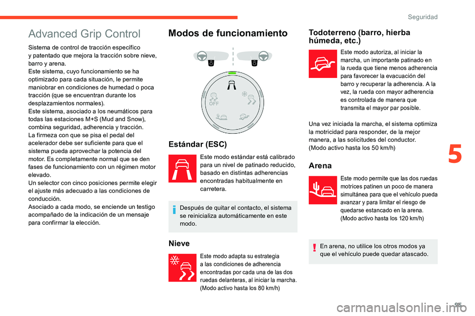 CITROEN C5 AIRCROSS 2020 Manuales de Empleo (in Spanish) 95
Advanced Grip Control
Sistema de control de tracción específico
y patentado que mejora la tracción sobre nieve,
barro y
arena.
Este sistema, cuyo funcionamiento se ha
optimizado para cada CITROEN C5 AIRCROSS 2020 Manuales de Empleo (in Spanish) 95
Advanced Grip Control
Sistema de control de tracción específico
y patentado que mejora la tracción sobre nieve,
barro y
arena.
Este sistema, cuyo funcionamiento se ha
optimizado para cada