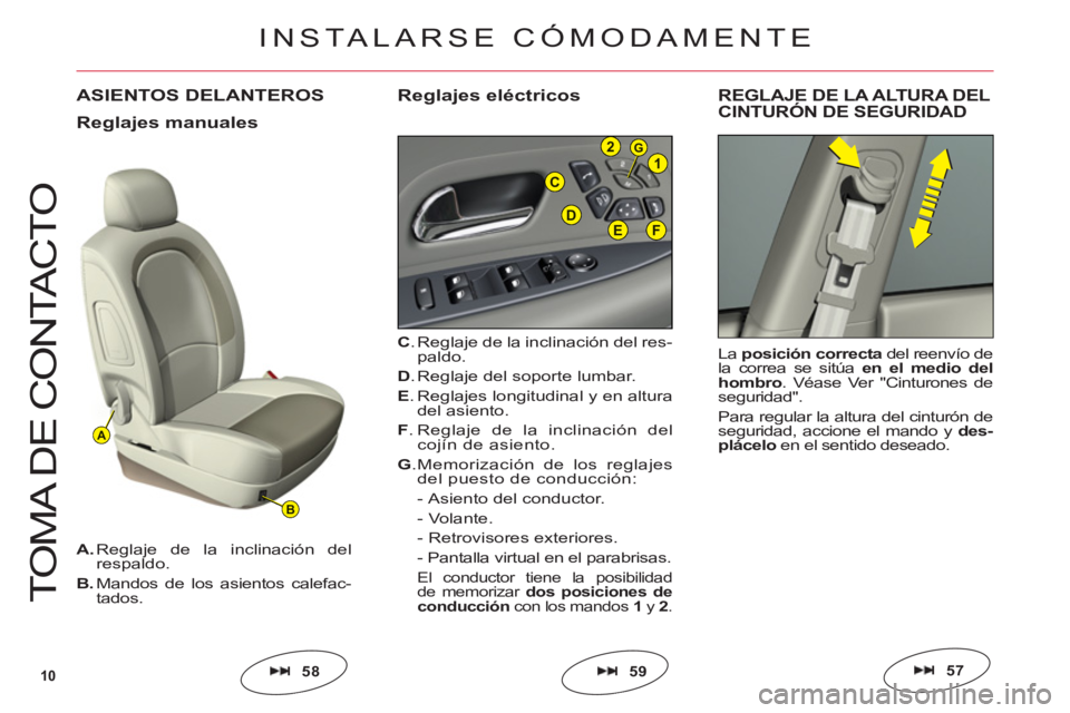 CITROEN C6 2012 Manuales de Empleo (in Spanish) 10
A
B
C
EFD
G21
T
O
MA DE
CO
NTA
C
T
O
ASIENTOS DELANTEROS
C. Reglaje de la inclinación del res-
paldo.
D. Reglaje del soporte lumbar.
E. Reglajes longitudinal y en altura del asiento.
F
. Reglaje CITROEN C6 2012 Manuales de Empleo (in Spanish) 10
A
B
C
EFD
G21
T
O
MA DE
CO
NTA
C
T
O
ASIENTOS DELANTEROS
C. Reglaje de la inclinación del res-
paldo.
D. Reglaje del soporte lumbar.
E. Reglajes longitudinal y en altura del asiento.
F
. Reglaje