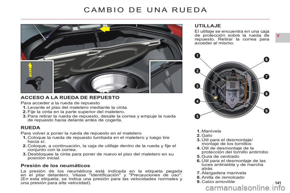 CITROEN C6 2012  Manuales de Empleo (in Spanish) 141
V
4
3
8
9
61
2
5
7
CAMBIO DE UNA RUEDA
ACCESO A LA RUEDA DE REPUESTO
Para acceder a la rueda de repuesto1.Levante el piso del maletero mediante la cinta.2.Fije la cinta en la parte superior del ma