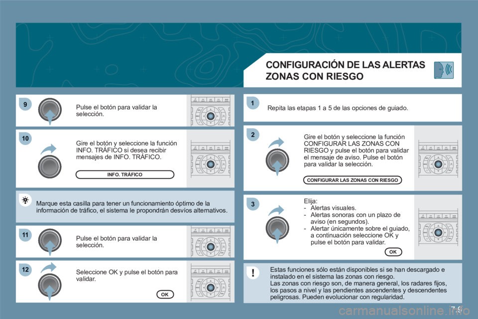 CITROEN C6 2012  Manuales de Empleo (in Spanish) 7.9
99
1010
1111
1212
22
11
33
  Gire el botón y seleccione la funciónINFO. TRÁFICO si desea recibir y
mensajes de INFO. TRÁFICO.
  Pulse el botón para validar la selección. 
 Seleccione OK y pu