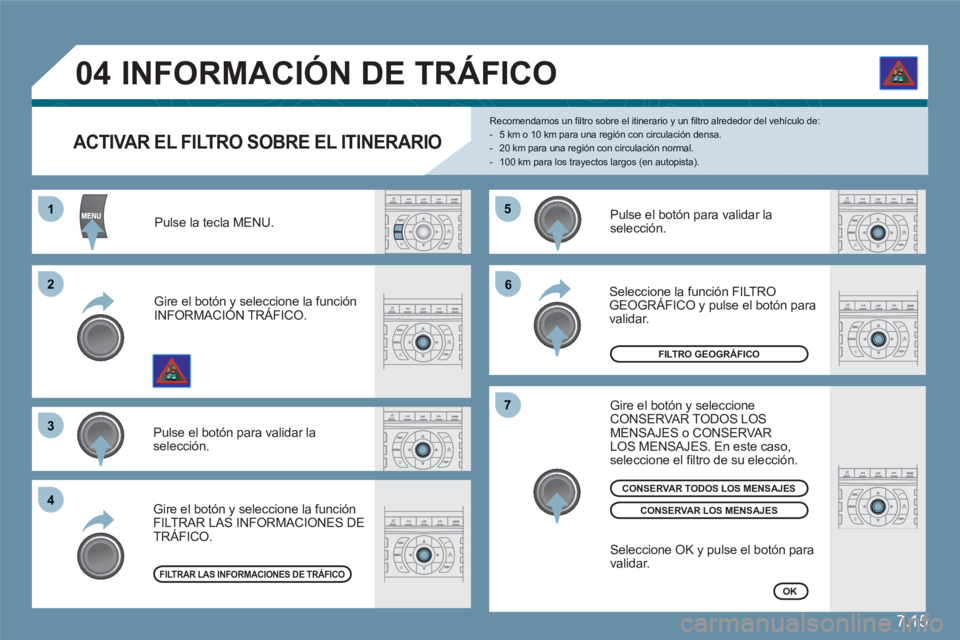 CITROEN C6 2012  Manuales de Empleo (in Spanish) 7.15
55
66
77
11
22
33
44
04
ACTIVAR EL FILTRO SOBRE EL ITINERARIO
Recomendamos un ﬁ ltro sobre el itinerario y un ﬁ ltro alrededor del vehÌculo de:-   5 km o 10 km para una regiÛn con circulaci