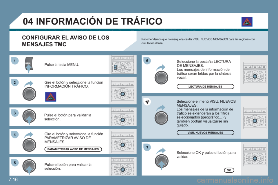 CITROEN C6 2012  Manuales de Empleo (in Spanish) 7.16
11
22
33
44
66
55
77
04
 Pulse la tecla MENU.
LECTURA DE MENSAJES
VISU. NUEVOS MENSAJES
OK
   
CONFIGURAR EL AVISO DE LOS 
MENSAJES TMC
 
Recomendamos que no marque la casilla VISU. NUEVOS MENSAJ