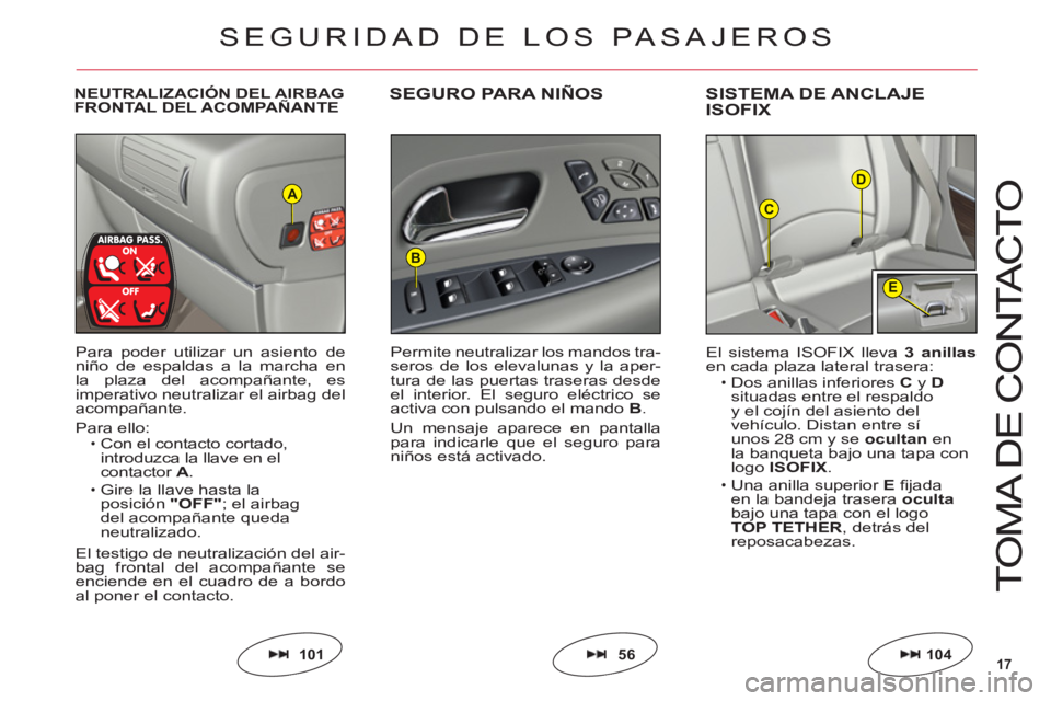 CITROEN C6 2012 Manuales de Empleo (in Spanish) 17
D
C
E
B
A
T
O
MA DE
CO
NTA
C
T
O
NEUTRALIZACIÓN DEL AIRBAG
FRONTAL DEL ACOMPAÑANTESEGURO PARA NIÑOSSISTEMA DE ANCLAJE
ISOFIX
Para poder utilizar un asiento de
niño de espaldas a la marcha enl CITROEN C6 2012 Manuales de Empleo (in Spanish) 17
D
C
E
B
A
T
O
MA DE
CO
NTA
C
T
O
NEUTRALIZACIÓN DEL AIRBAG
FRONTAL DEL ACOMPAÑANTESEGURO PARA NIÑOSSISTEMA DE ANCLAJE
ISOFIX
Para poder utilizar un asiento de
niño de espaldas a la marcha enl
