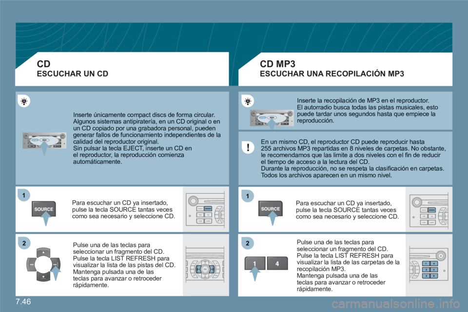 CITROEN C6 2012 Manuales de Empleo (in Spanish) 7.46
11
22
11
22
Inserte únicamente compact discs de forma circular.
Algunos sistemas antipiratería, en un CD original o enun CD copiado por una grabadora personal, pueden generar fallos de funci CITROEN C6 2012 Manuales de Empleo (in Spanish) 7.46
11
22
11
22
Inserte únicamente compact discs de forma circular.
Algunos sistemas antipiratería, en un CD original o enun CD copiado por una grabadora personal, pueden generar fallos de funci