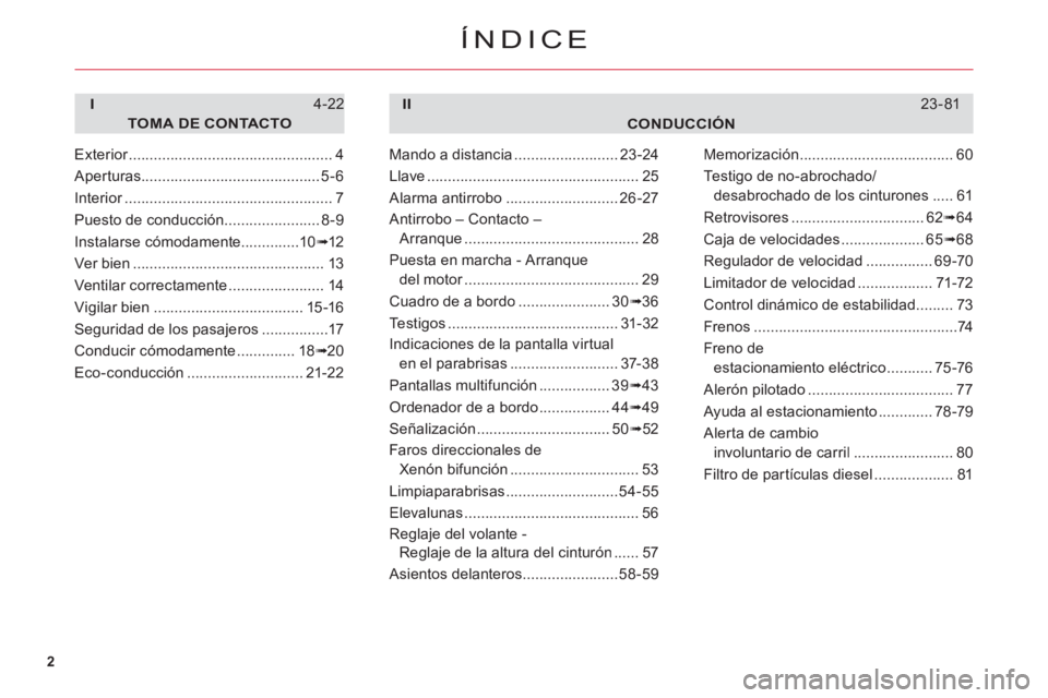 CITROEN C6 2012  Manuales de Empleo (in Spanish) 2
ÍNDICE
CONDUCCIÓN
I
TOMA DE CONTACTO
4-22II23-81
Exterior.................................................r4
Aperturas...........................................5-6
Interior.......................