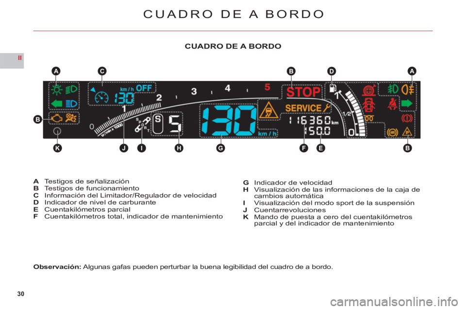 CITROEN C6 2012 Manuales de Empleo (in Spanish) 30
II
KJIHGFEB
CABDA
B
CUADRO DE A BORDO
Observación: Algunas gafas pueden perturbar la buena legibilidad del cuadro de a bordo.
ATestigos de señalizaciónBTestigos de funcionamientoC Información d CITROEN C6 2012 Manuales de Empleo (in Spanish) 30
II
KJIHGFEB
CABDA
B
CUADRO DE A BORDO
Observación: Algunas gafas pueden perturbar la buena legibilidad del cuadro de a bordo.
ATestigos de señalizaciónBTestigos de funcionamientoC Información d